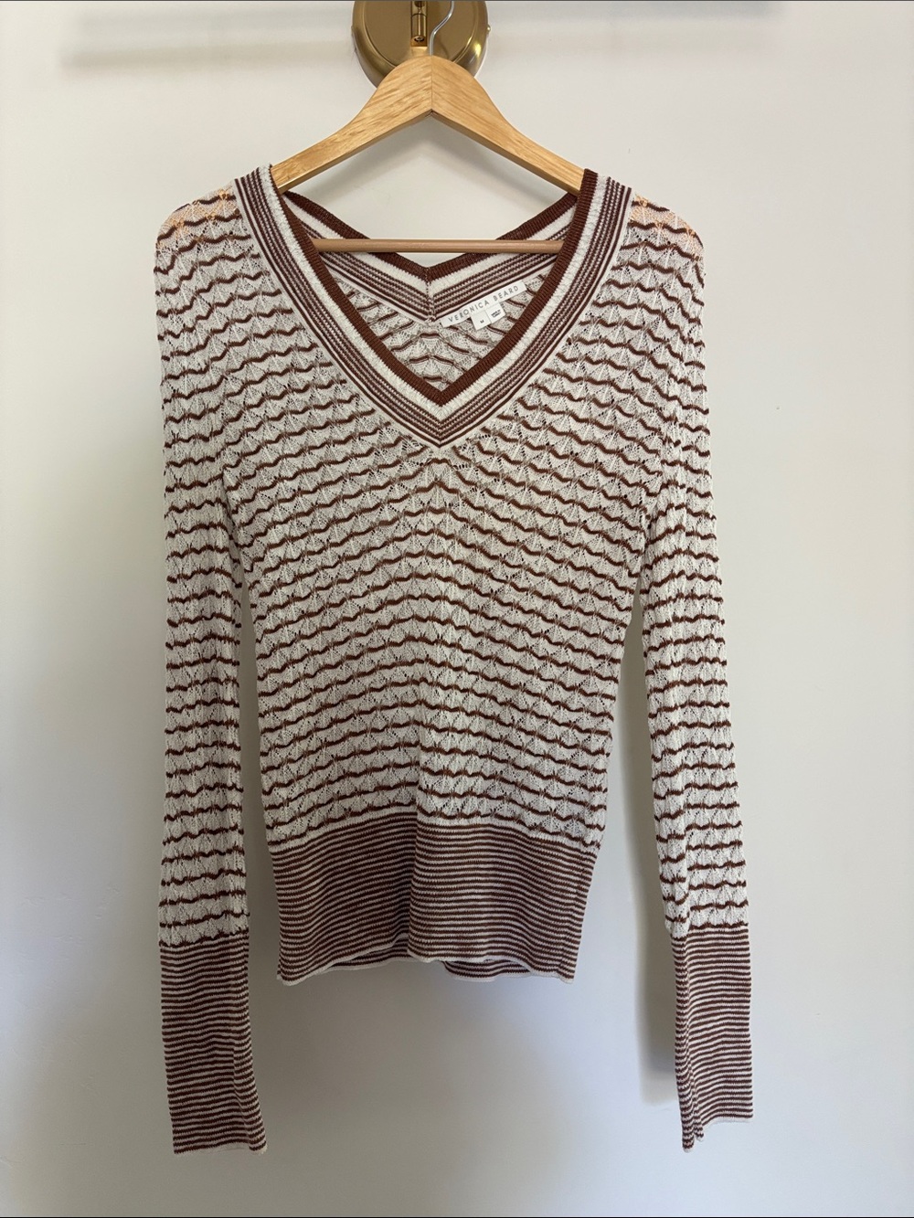 Veronica Beard Cream and Brown Striped V‑Neck Sweater